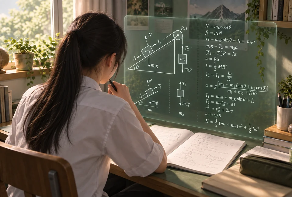 女學生透過 AI 解題介面理解滑輪斜面力學與方程式