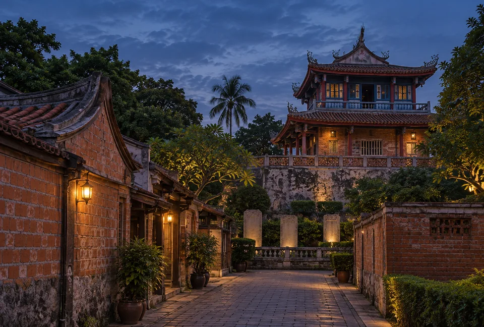 台南赤崁樓暮藍夜景 AI 生成示意
